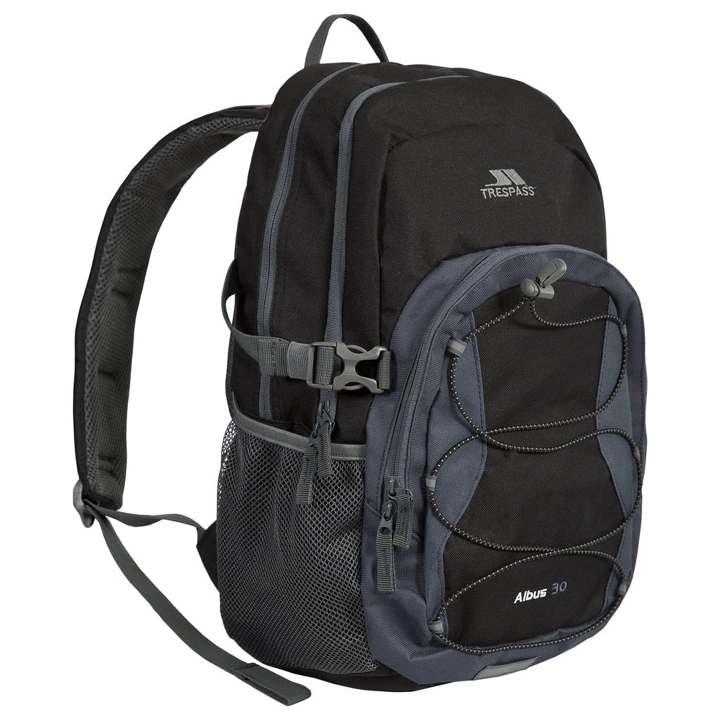 Black and gray backpack with Trespass branding on a white background