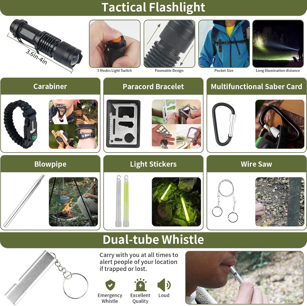 Collection of tactical gear including a flashlight, carabiner, paracord bracelet, and other survival tools on a green background.