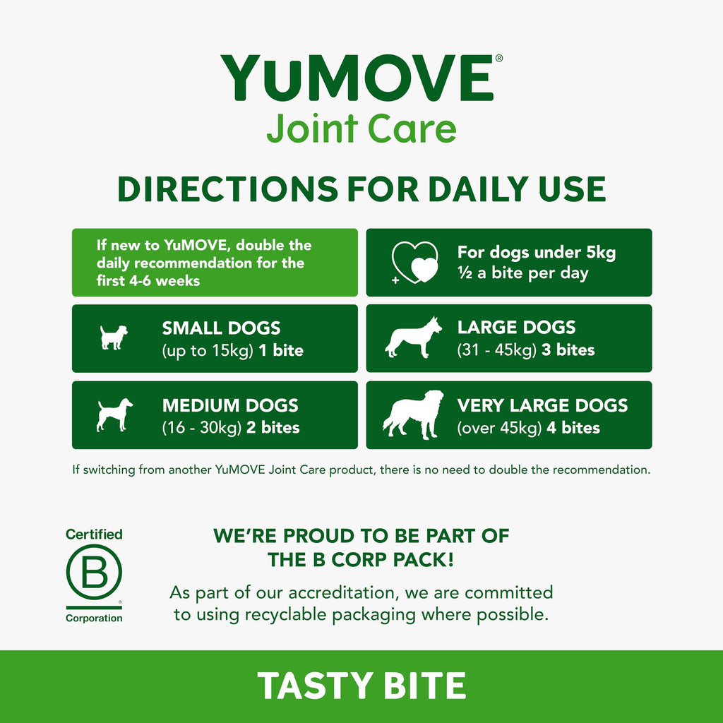YuMOVE Joint Care directions for daily use on a green background