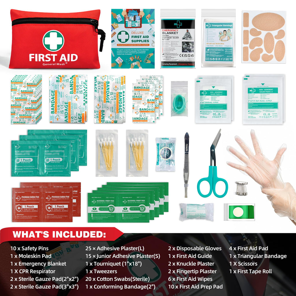 Collection of first aid supplies including bandages, plasters, and safety pins on a white background.