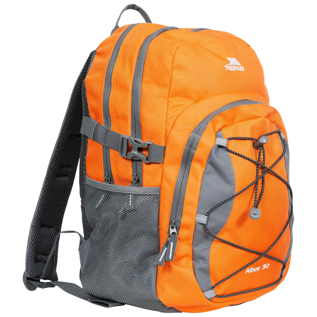 Orange and gray backpack with Trespass logo on a white background