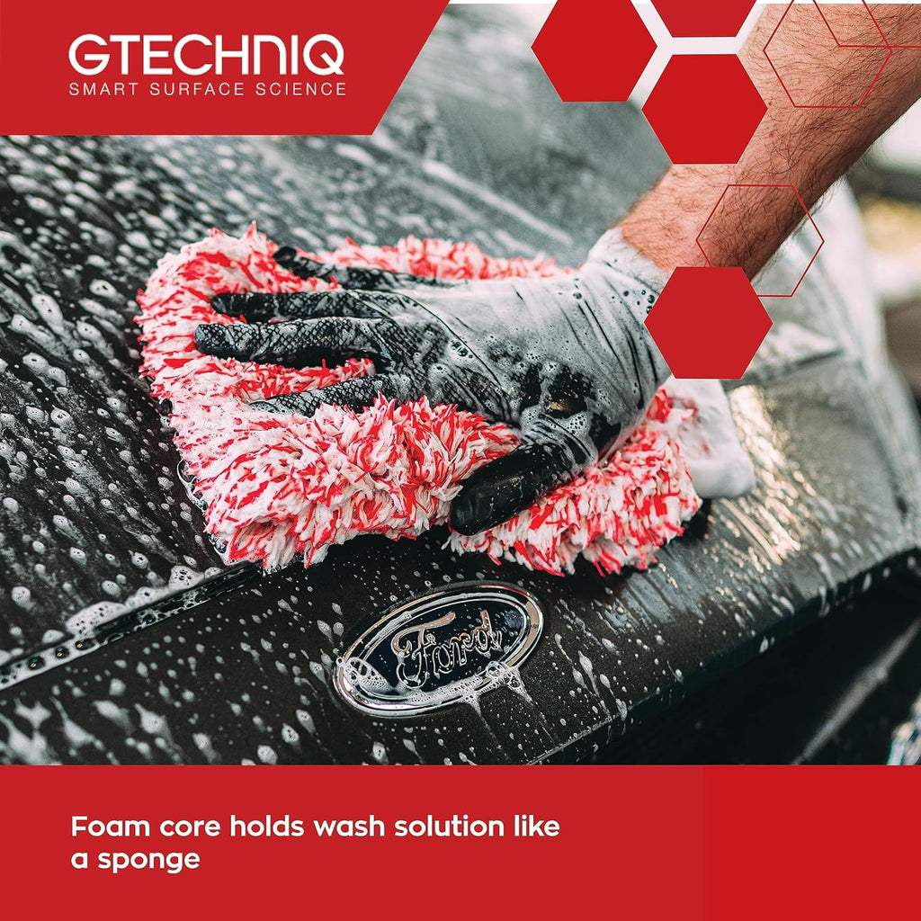 Person cleaning a car with a red and black microfiber towel, Gtechniq logo visible.