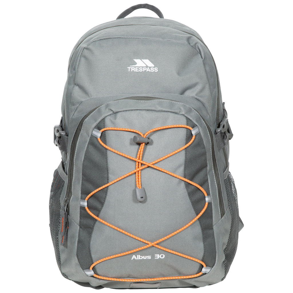 Gray backpack with orange accents and Trespass branding on a white background