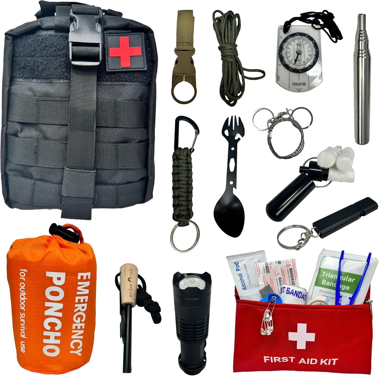 Collection of emergency supplies including a tactical pouch, first aid kit, flashlight, and poncho on a white background.