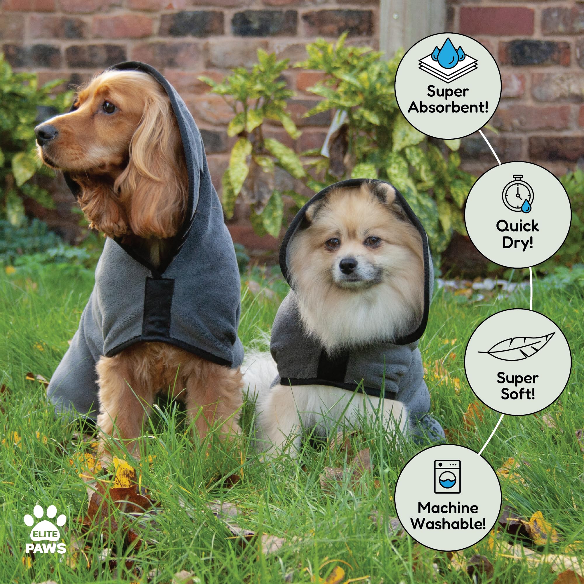 Two dogs wearing gray hoodies outdoors with product features highlighted.