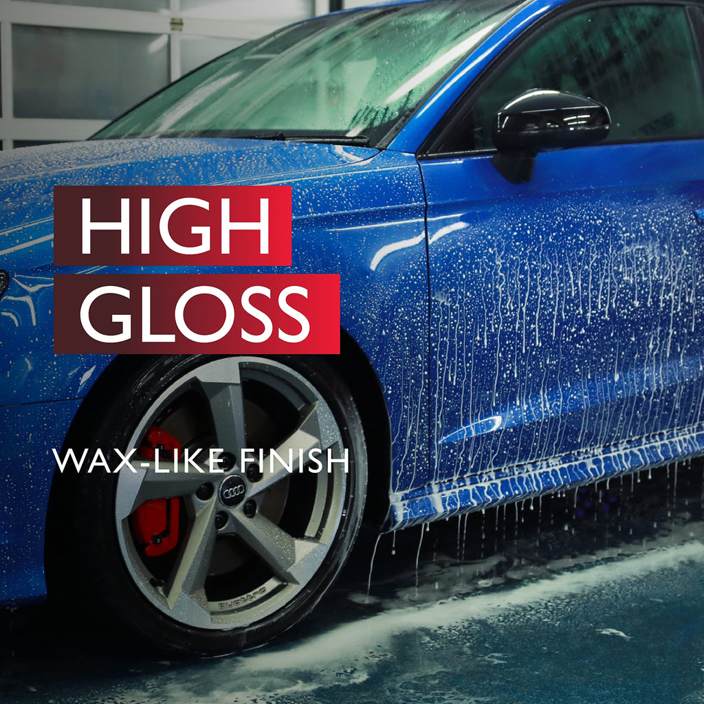 Blue car with water droplets and 'High Gloss Wax-Like Finish' text