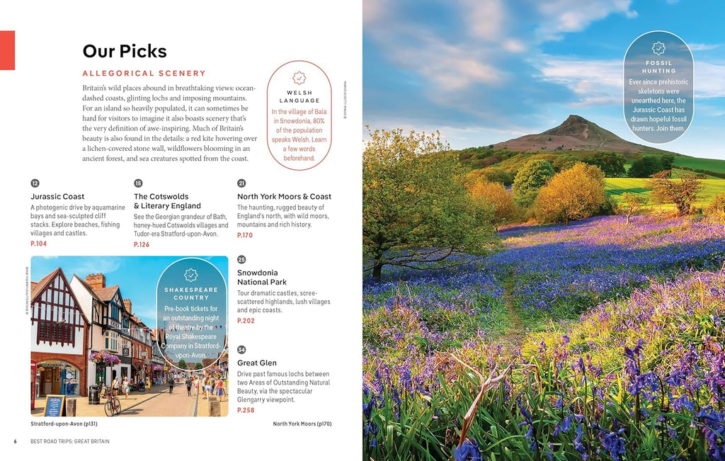 Scenic landscape with fields of flowers and a mountain, featuring text and images on a magazine or book page.