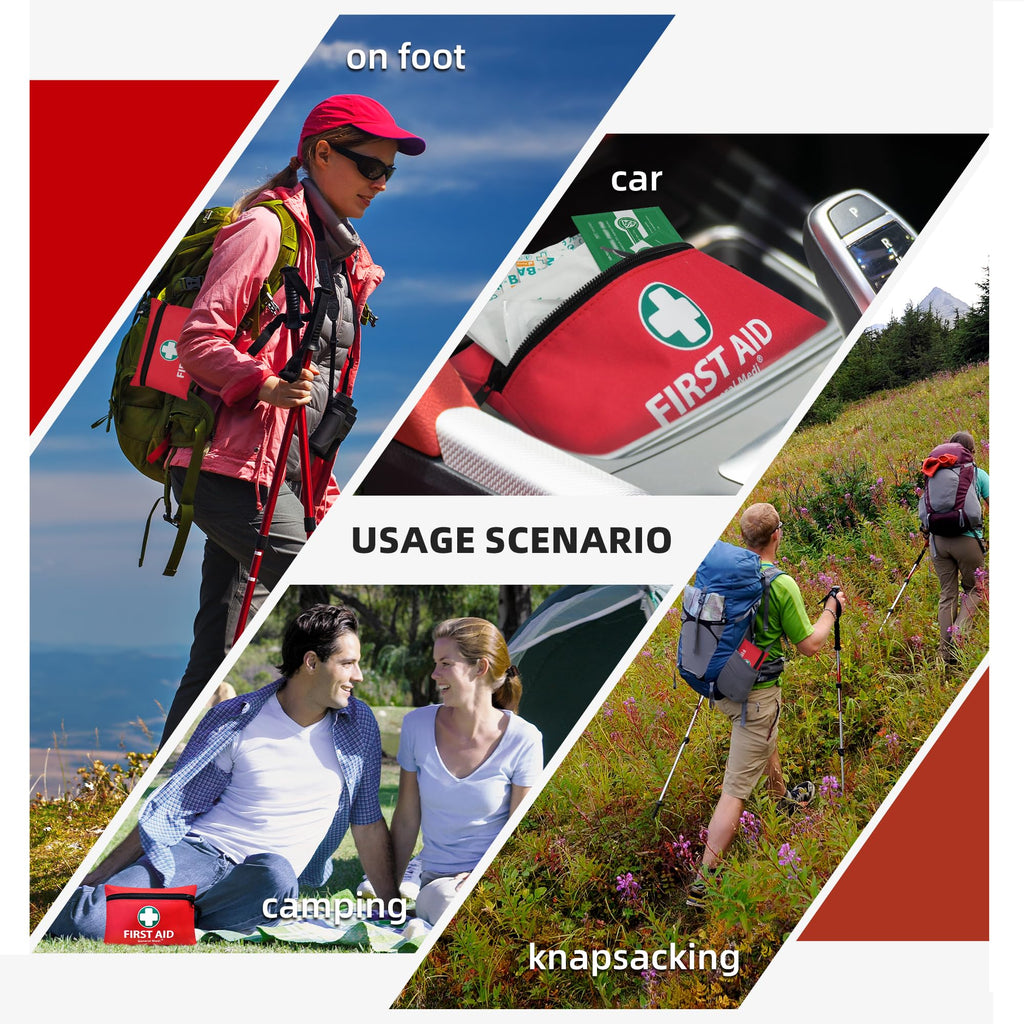 Collage of people with backpacks and a first aid kit, with text indicating usage scenarios like 'on foot', 'car', 'camping', and 'knapsacking'.