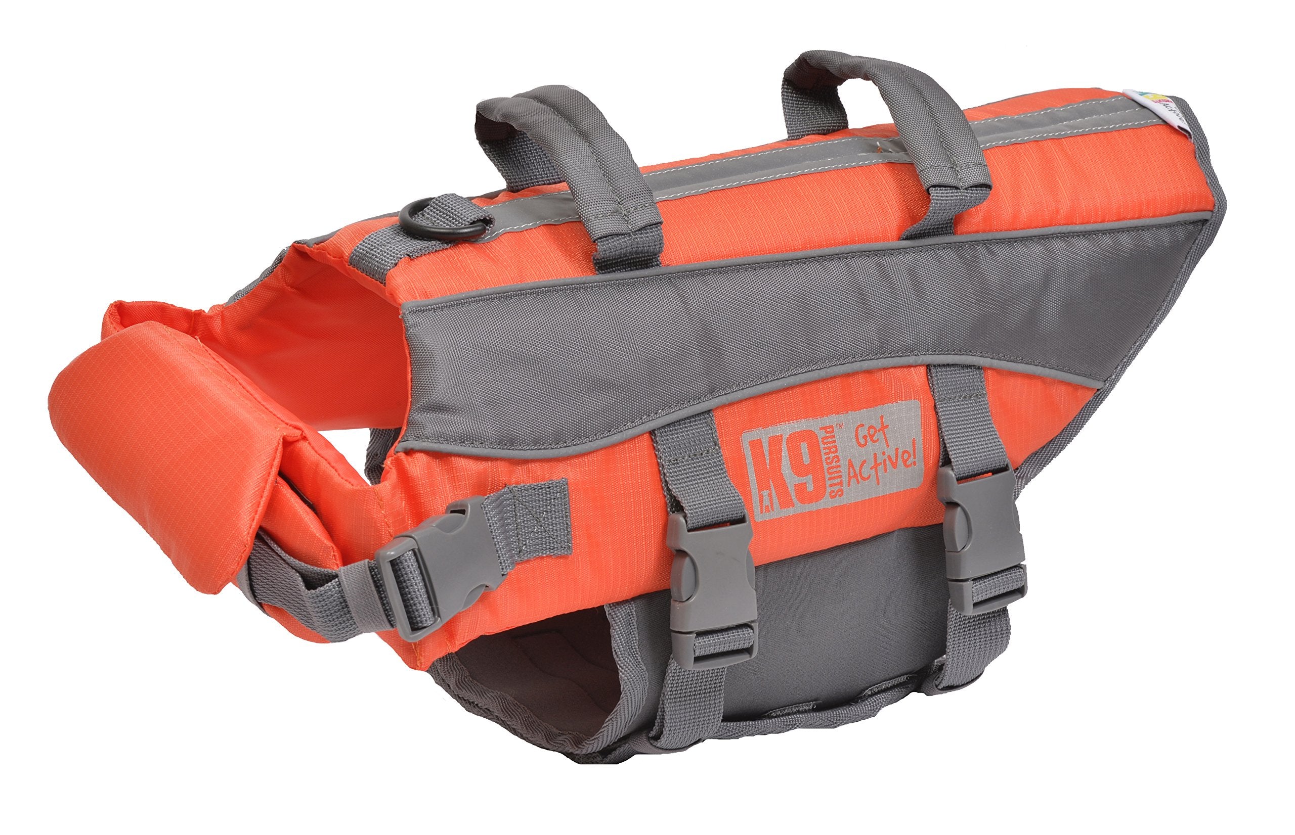 Orange and gray dog life jacket with K9 Life Jacket branding on a white background