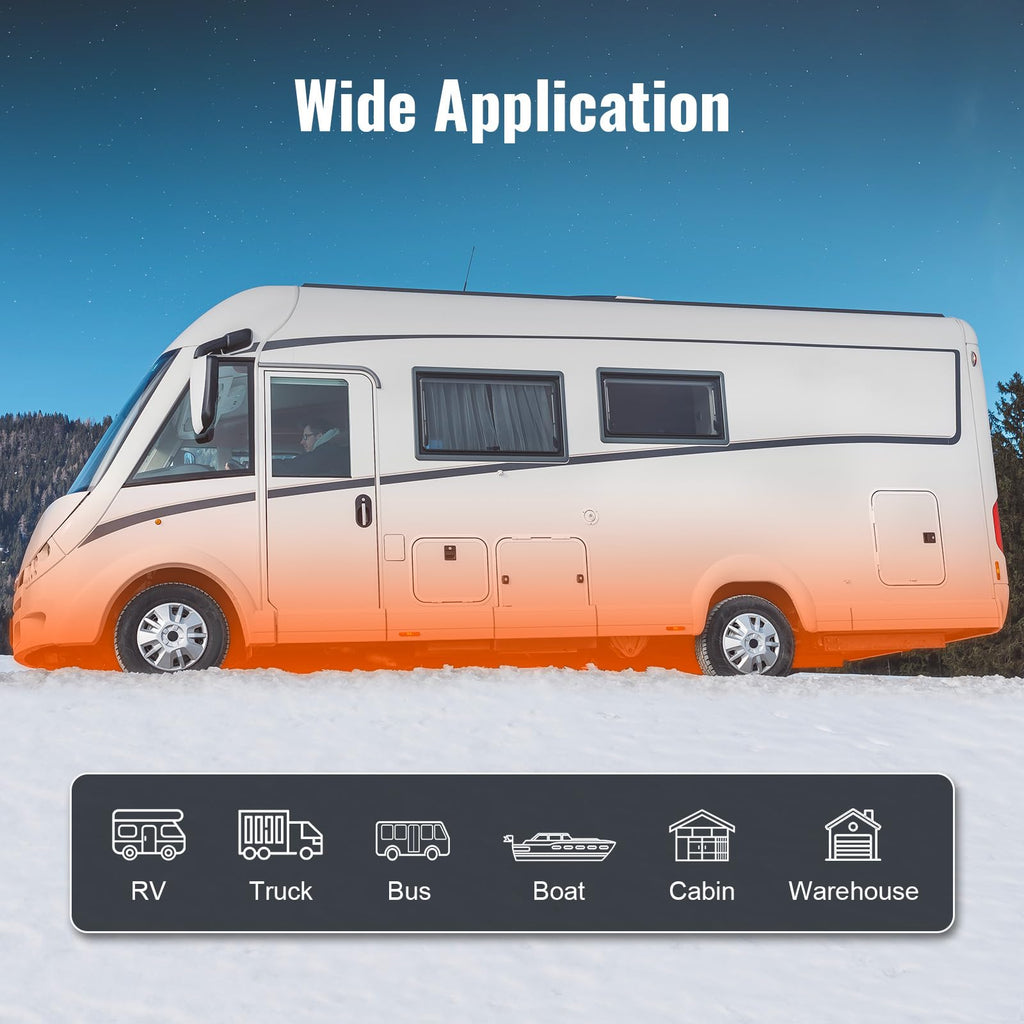 White and orange RV on a snowy background with icons and text indicating its wide application.