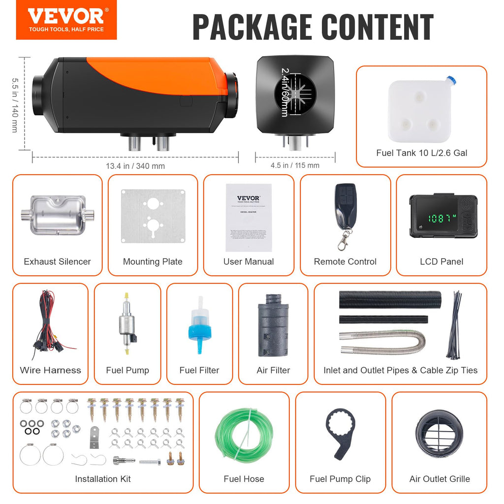 Vevor product package content with various components listed.