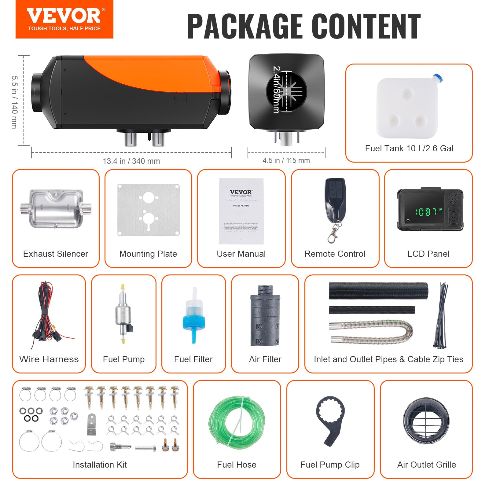 Vevor product package content with various components listed.