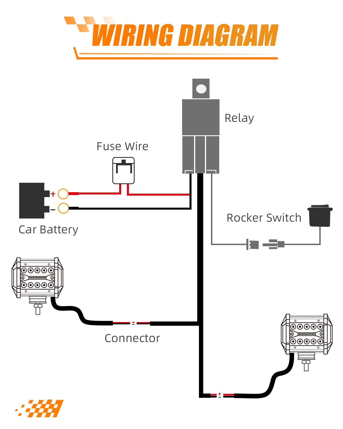wiring diagram for auxiliary lighting showing relay car battery fuse rocker switch and connectors for lighting