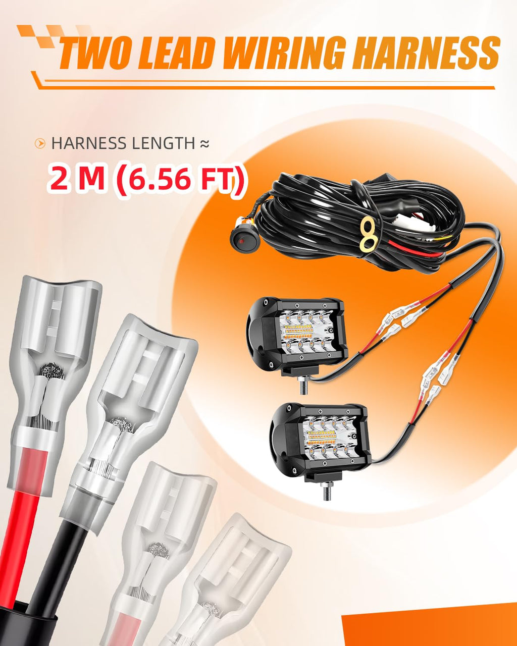 two lead wiring harness for auiliary lighting 2m length