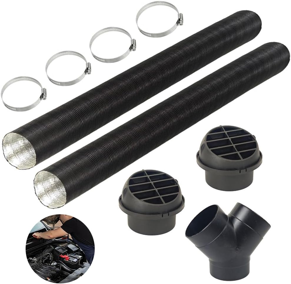 Set of black flexible ducts with clamps and various connectors on a white background.