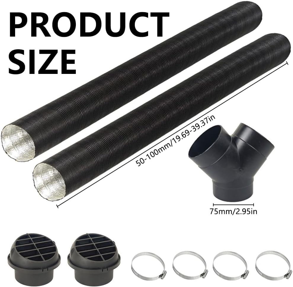 Black flexible duct with connectors and size measurement on a white background