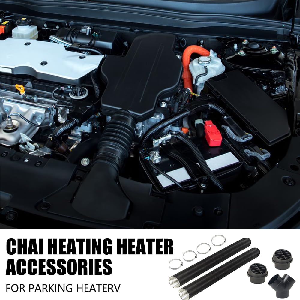 Car engine with heating heater accessories and components displayed below.