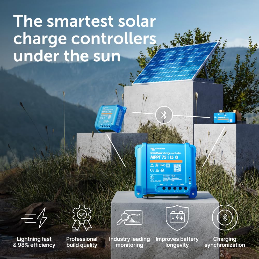 Solar charge controllers with a mountainous background and features listed.