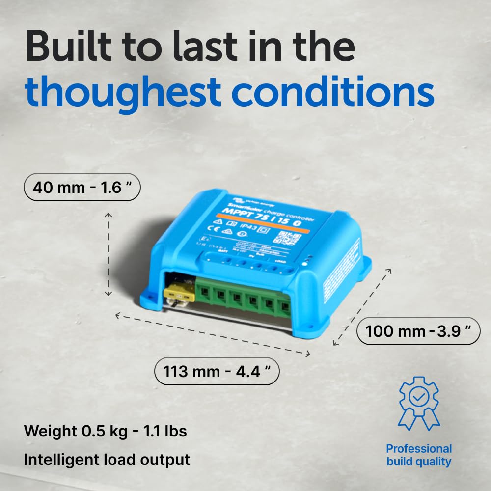 Blue electronic device with dimensions and weight information on a gray background