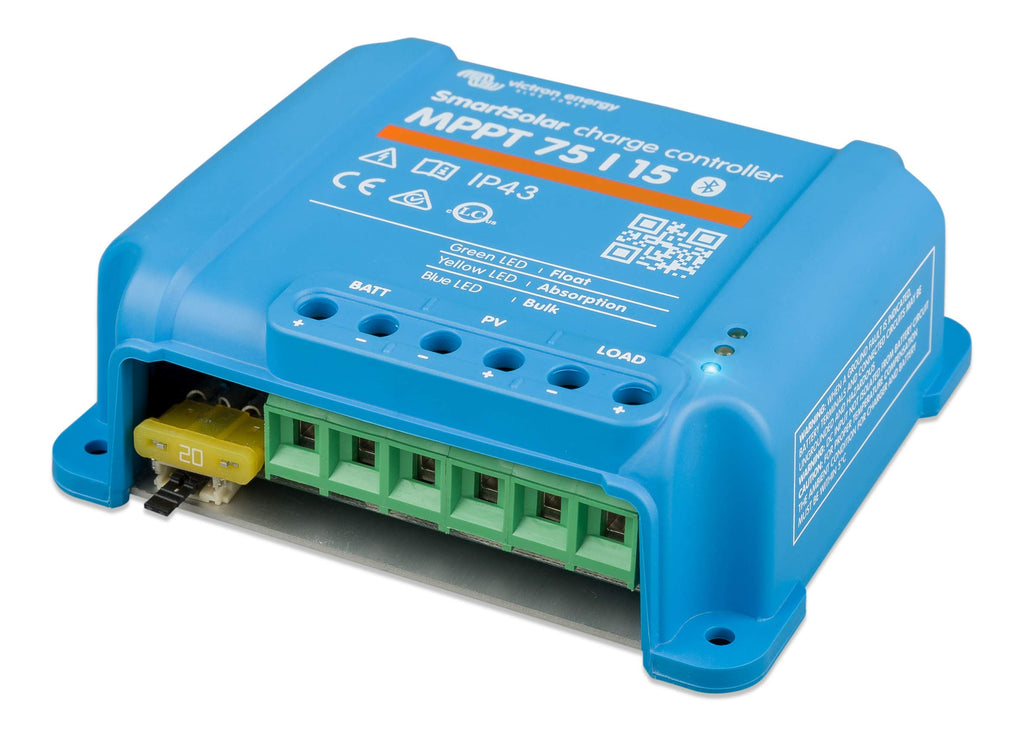 Blue solar charge controller with green connectors on a white background