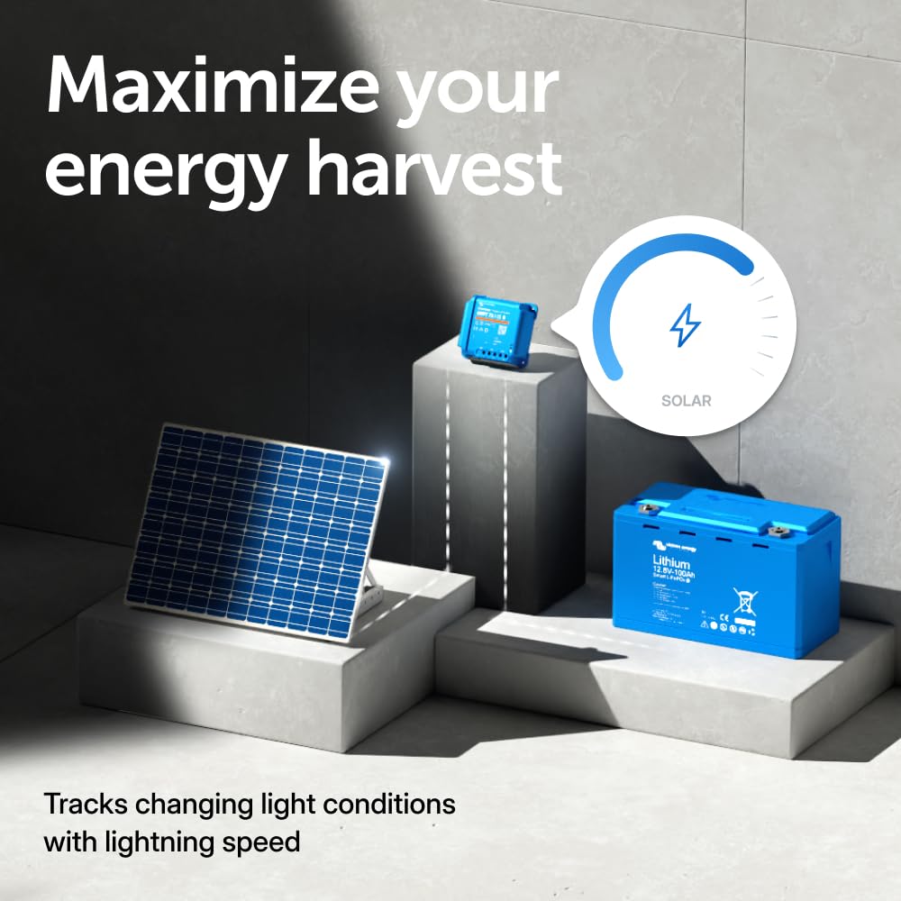 Solar panel and battery with text 'Maximize your energy harvest' on a gray background