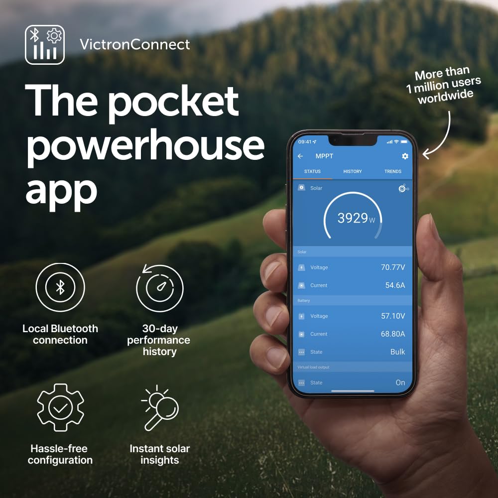 VictronConnect app on a smartphone held by a person with a scenic background