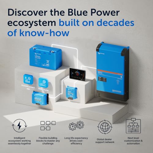 Blue power system components with text on a gray background
