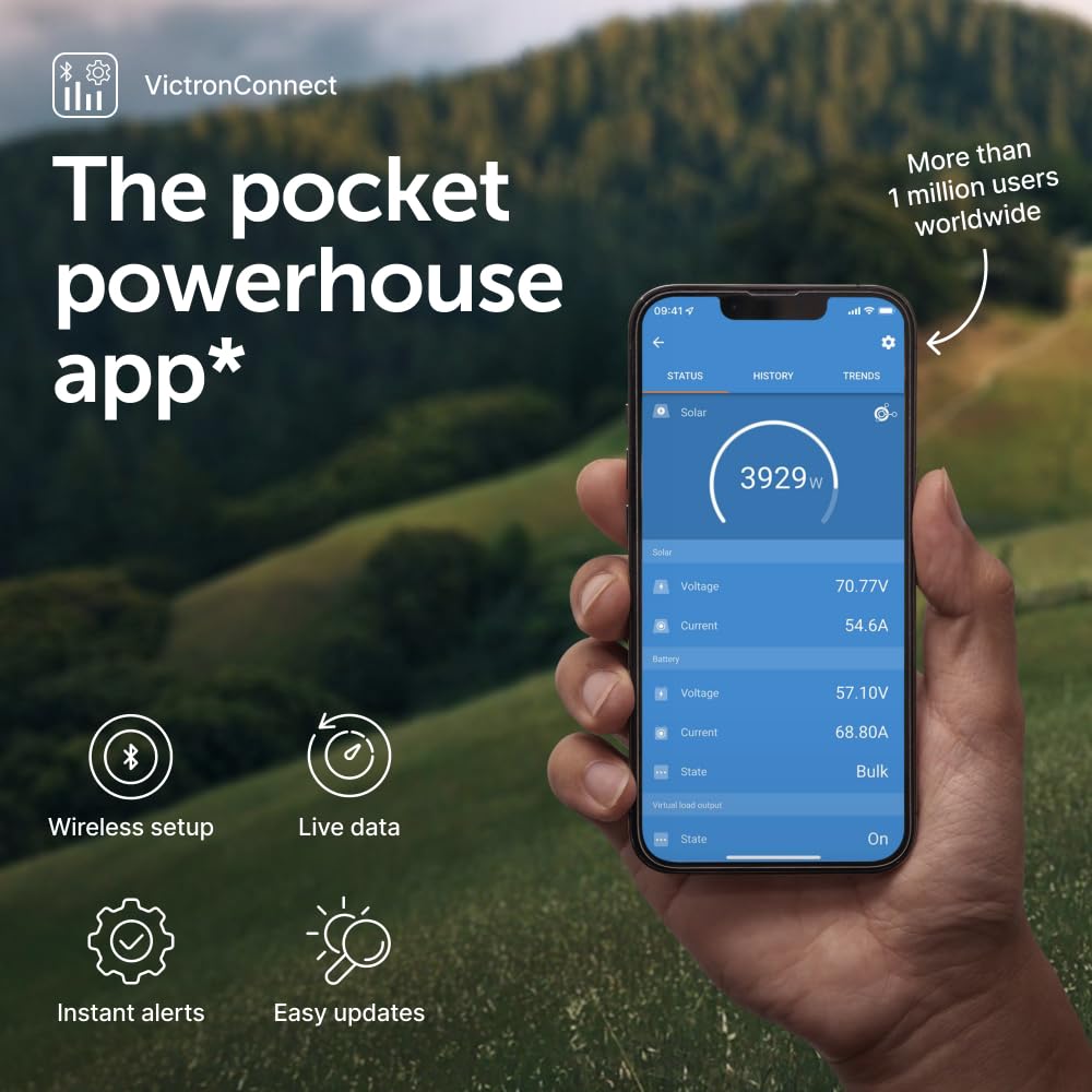 Hand holding a smartphone displaying the VictronConnect app with a scenic background