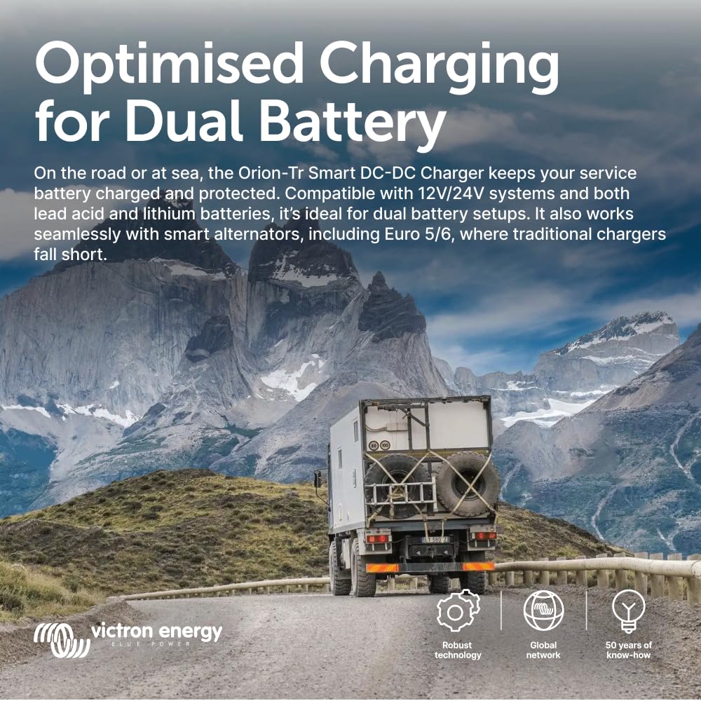 Truck on a mountain road with text about Optimised Charging for Dual Battery and Victron Energy branding.