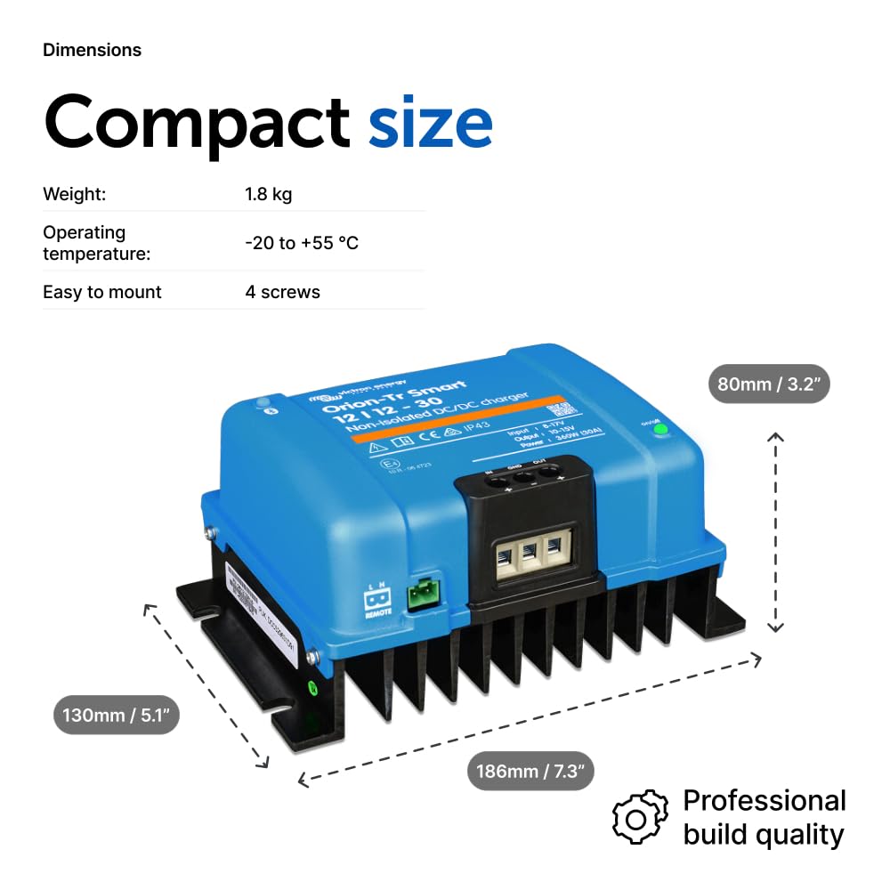 Blue electronic device with dimensions and specifications on a white background